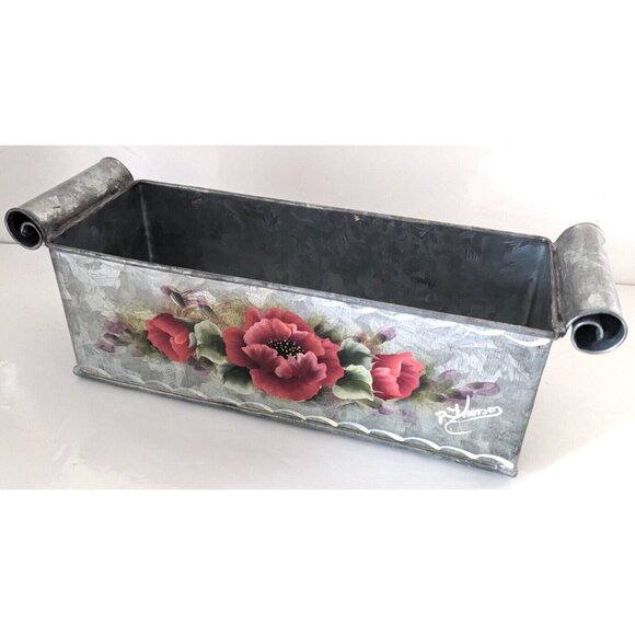 Hand Painted Signed Floral Galvanized Metal Box Planter Home Decor Farmhouse - Picture 1 of 9